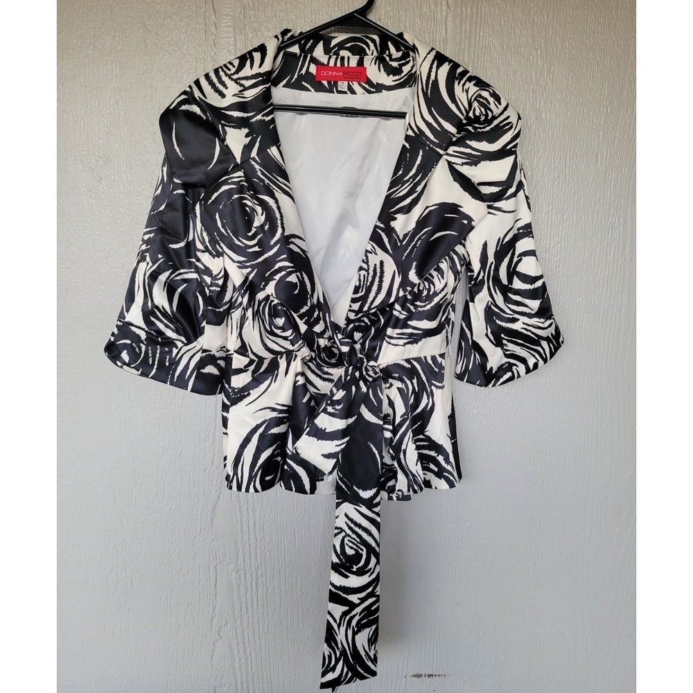 Women's Vintage Black/White Floral Print Lined‎ Blouse V-Neck Tie Waist 10